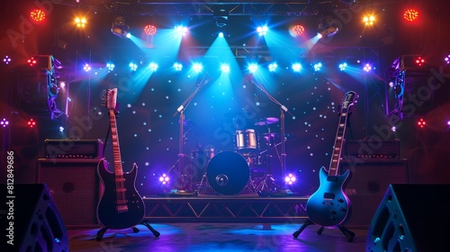 A rock concert's stage setup, featuring electric guitars and drums, embodying high-energy performances. hyper realistic 