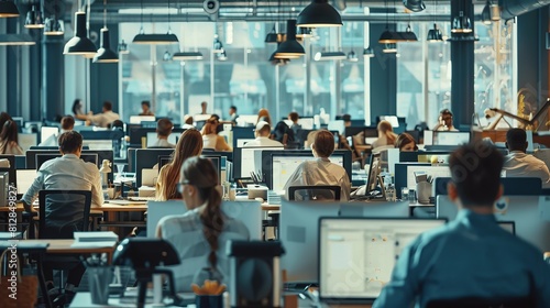 The photo shows a busy office with many employees working at their desks