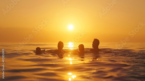 Family swimming in sea at sunset : Generative AI © Generative AI
