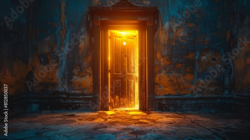 A door opens in the darkness  a golden door  glowing Golden Gateway  Illuminated Door to Mystical Dimensions. 4K High-Definition Wallpaper.