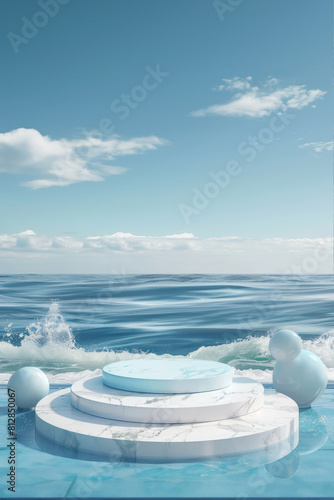 3D product podium and seascape on background