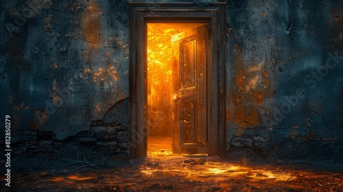 A door opens in the darkness, a golden door, glowing,Golden Gateway: Illuminated Door to Mystical Dimensions. 4K High-Definition Wallpaper.