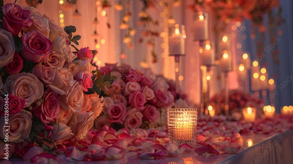 A stunning wedding setup with rose flower decorations in shades of pink, red, and white, complemented by flickering candles casting a warm glow