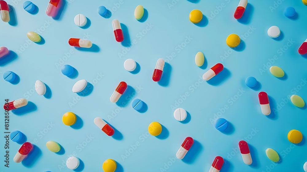 Creative layout of colorful pills and capsules on blue background Minimal medical concept Pharmaceutical Covid19 or Coronavirus Flat lay top view : Generative AI Creative layout of colorful pills and capsules on blue background Minimal medical concept Pharmaceutical Covid19 or Coronavirus Flat lay top view : Generative AI