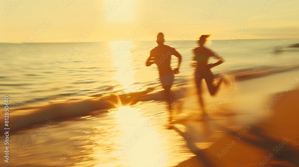 Fototapeta premium Selective focus Blurred summer vacation background Couple running on the beach Happy couple go to swim in ocean at sunset Defocused man and woman run on sandy sea beach Summertime Happ : Generative AI