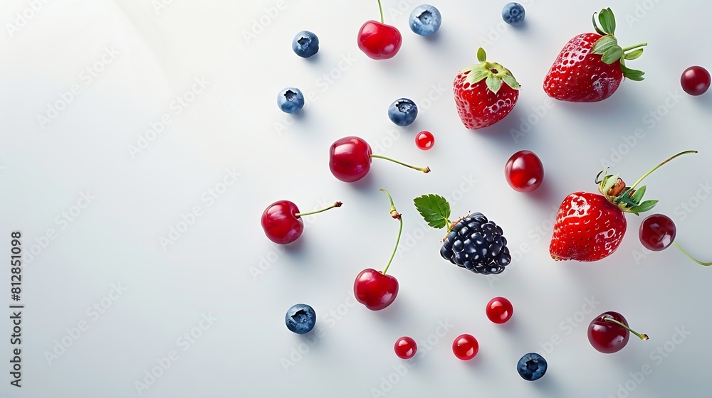 Creative layout made of cherry strawberry raspberry blueberry red currant on the white background Flat lay Food concept : Generative AI Creative layout made of cherry strawberry raspberry blueberry red currant on the white background Flat lay Food concept : Generative AI