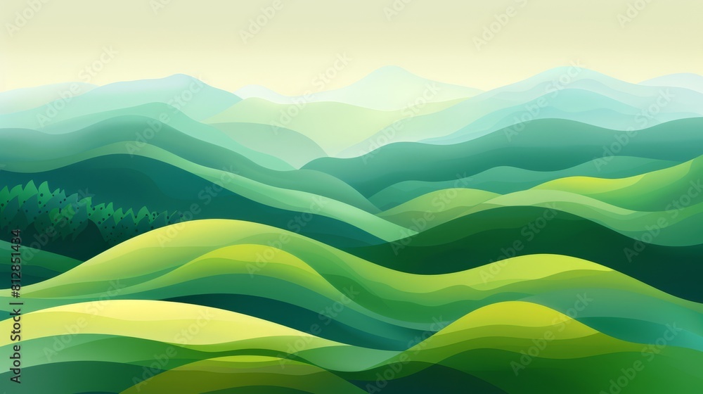 Abstract green landscape wallpaper background illustration design with hills and mountains hyper realistic 