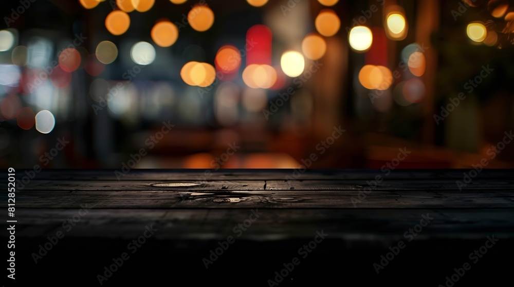 Empty dark wooden table in front of restaurant abstract blurred bokeh background can be used to demonstrate or mount your products Layout for space : Generative AI Empty dark wooden table in front of restaurant abstract blurred bokeh background can be used to demonstrate or mount your products Layout for space : Generative AI