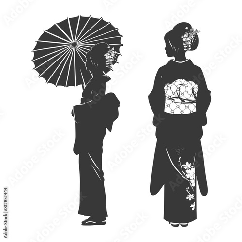 Silhouette Independent Japanese women wearing kimono with umbrella black color only