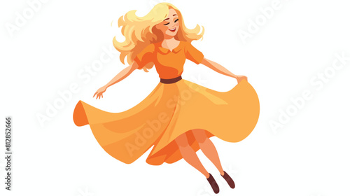 Cute blonde girl in orange dress dancing. Female te