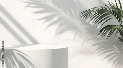 White background of wall with palm shadows and white stone podium Free space for your decoration product presentation mock up show cosmetic product display Podium stage pedestal or pla : Generative AI photo