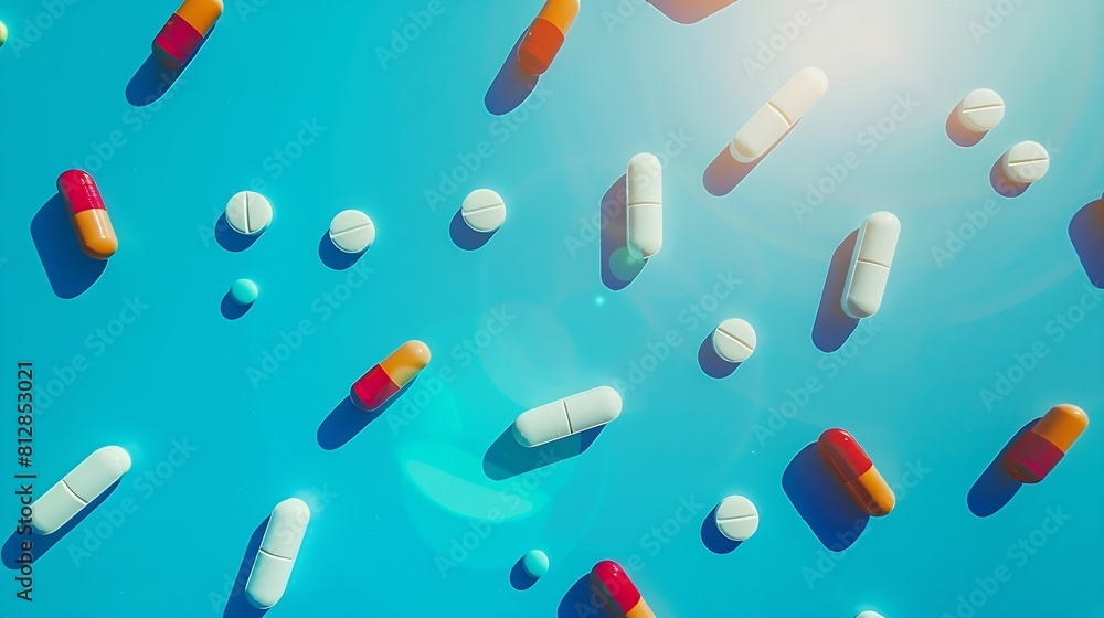 Creative layout of pills and capsules on blue background with summer sun and sharp shadow Covid19 or Coronavirus minimal art concept : Generative AI Creative layout of pills and capsules on blue background with summer sun and sharp shadow Covid19 or Coronavirus minimal art concept : Generative AI
