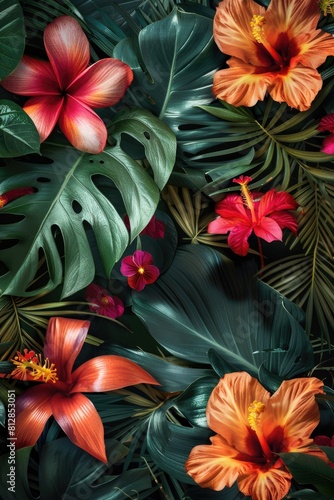 background of tropical leaves and flowers. Selective focus