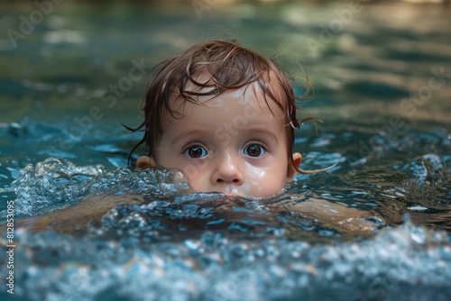Closeup of a toddler's face partially submerged in water, with eyes focused on the camera