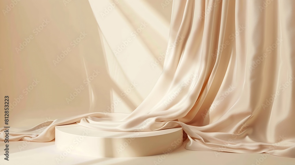 Abstract 3d studio with draping silk fabric and shadow on cream beige pastel monochrome background for cosmetic product presentation Empty room scene podium or stand with copy space Ba : Generative AI Abstract 3d studio with draping silk fabric and shadow on cream beige pastel monochrome background for cosmetic product presentation Empty room scene podium or stand with copy space Ba : Generative AI