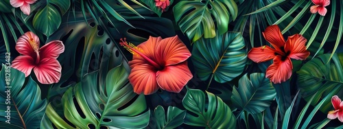 background of tropical leaves and flowers. Selective focus