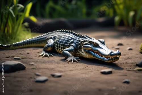 Alligator resting on a riverbank surrounded by lush greenery, in its natural habitat. Wildlife concept