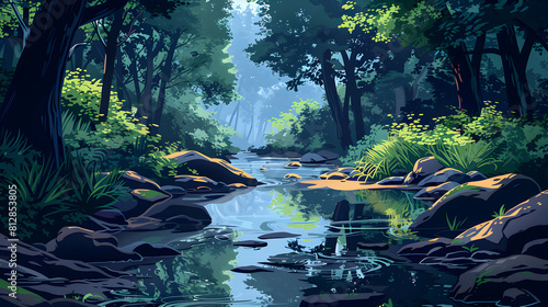 A serene stream meanders through the heart of an old growth forest  reflecting lush undisturbed vegetation. Flat design backdrop concept   flat illustration