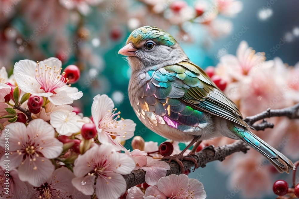 Fototapeta premium Blossoming spring scene with bird perched on a branch
