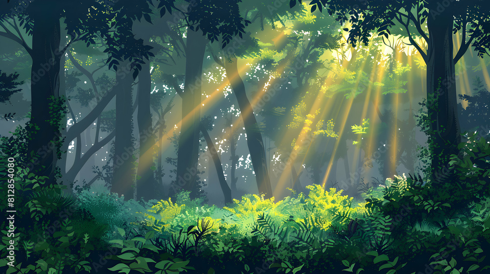 Enchanting Flat Design Backdrop: Sunbeams in Dense Woodland Illuminating Old Growth Forest with Play of Light and Shadow Flat Illustration Enchanting Flat Design Backdrop: Sunbeams in Dense Woodland Illuminating Old Growth Forest with Play of Light and Shadow Flat Illustration