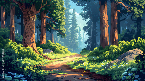 A Winding Path Through Lush Old Growth Forest   Flat Design Illustration