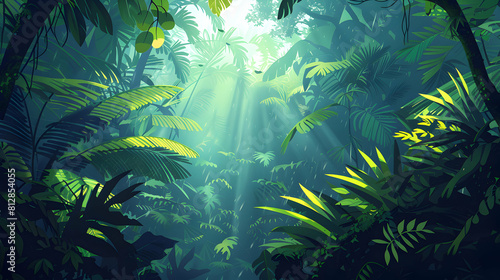 Serene flat design backdrop showcasing the lush Rainforest Canopy in Old Growth Forest, inviting exploration amidst teeming life and mystery. Concept artwork for your creative proj