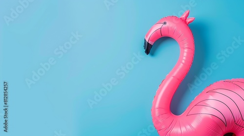 Trendy Summer composition made of pink flamingo inflatable on bright light blue backgroundMinimal summer conceptCreative artContemporary styleBanner background with writing space and c : Generative AI photo