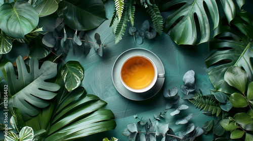 A peaceful image of a cup of tea surrounded by plants, evoking relaxation,