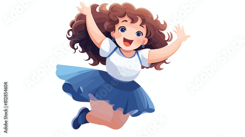 Cute curvy overweight girl in blue skirt jumping wi