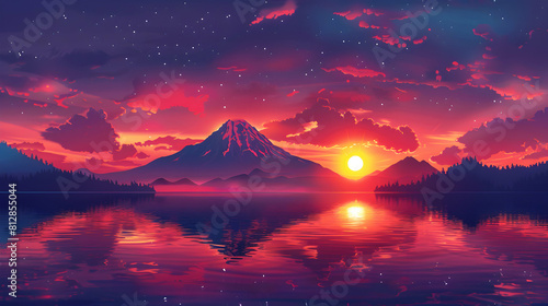 Flat Design Backdrop: Volcanic Sunset Reflections Setting Sun Casts Vibrant Hues Over Lake with Fiery Sky, Isometric Scene