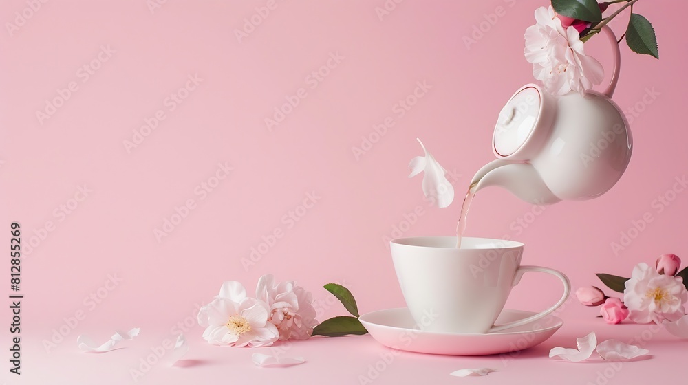 Creative layout with tea pot pouring fresh flowers and leaves into tea cup on pastel pink background Creative floral spring bloom concept Still life visual trend Flat lay : Generative AI Creative layout with tea pot pouring fresh flowers and leaves into tea cup on pastel pink background Creative floral spring bloom concept Still life visual trend Flat lay : Generative AI
