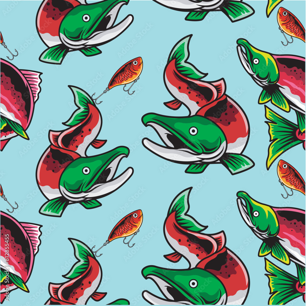 Vector Illustration of Sockeye Salmon and Fishing Bait with Vintage Illustration Available for Pattern Vector Illustration of Sockeye Salmon and Fishing Bait with Vintage Illustration Available for Pattern