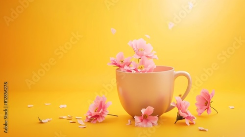 Creative layout made of coffee or tea cup with pink flowers on yellow background : Generative AI