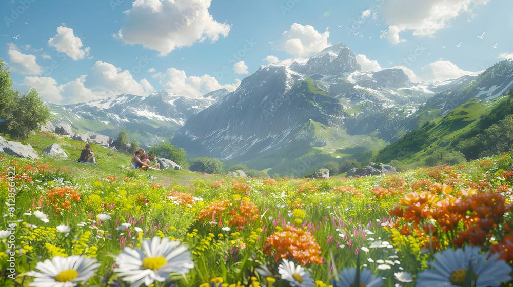 Families Enjoying Picnic in Alpine Meadows with Mountain Views and Wildflowers   Photo Realistic Stock Concept