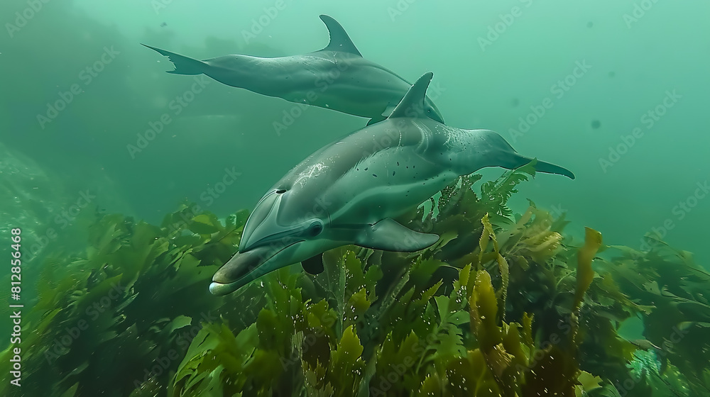 Dolphins and algae underwater in green Sea. Dolphins and algae underwater in green Sea.