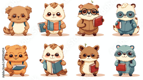 Cute little animal students characters studying rea