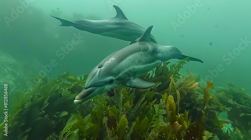 Dolphins and algae underwater in green Sea.