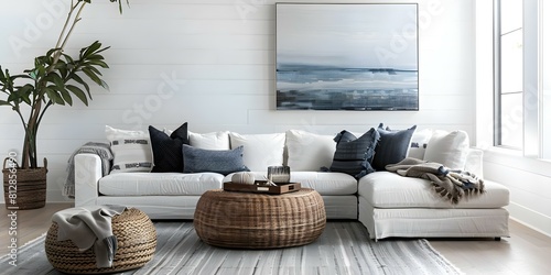 Coastalthemed living room with rattan sectional wood accents and ocea. Concept Coastal Decor, Rattan Furniture, Wood Accents, Ocean-Inspired Palette © Anastasiia