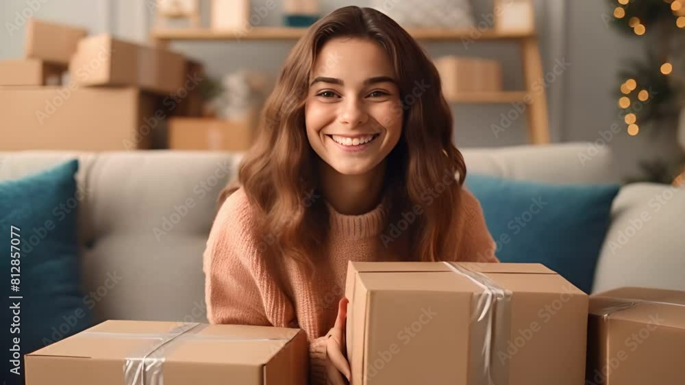 Young happy woman enjoy unbox post mail at home , Beautiful woman working with parcel boxes at home, prepare parcel delivery SME supply Young happy woman enjoy unbox post mail at home , Beautiful woman working with parcel boxes at home, prepare parcel delivery SME supply