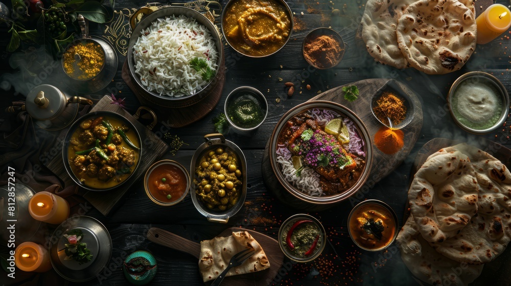 Assorted various Indian food on a dark rustic background. Generative AI. hyper realistic 