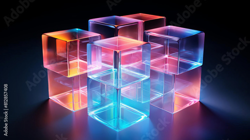 Create an abstract 3D of a stack of glowing cubes. The cubes made of glass and have a glossy finish. The colors of the cubes is blue, pink, and orange. The background is black.