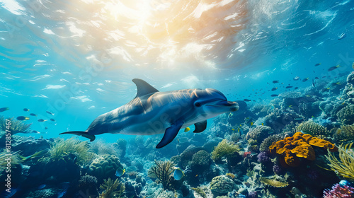 marine life and ecosystem, including dolphin in underwater paradise background.