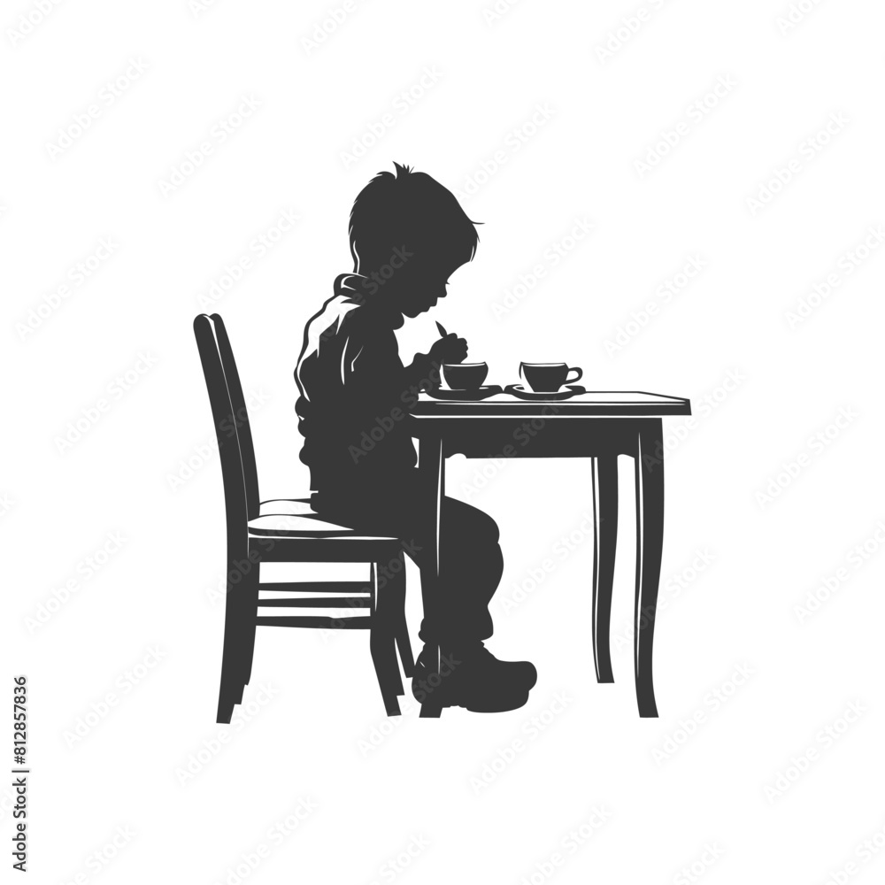 Silhouette little boy sitting at a table in the cafe black color only Silhouette little boy sitting at a table in the cafe black color only
