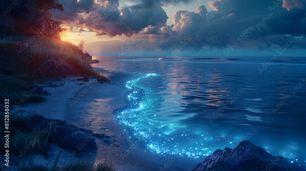 Bioluminescent Lagoon at Dusk   A Serene Glow in the Evening Light, Perfect for Relaxation
