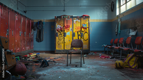 A single chair sits empty in a brightly lit locker room, surrounded by discarded sports equipment. The locker next to it is adorned with homophobic slurs photo