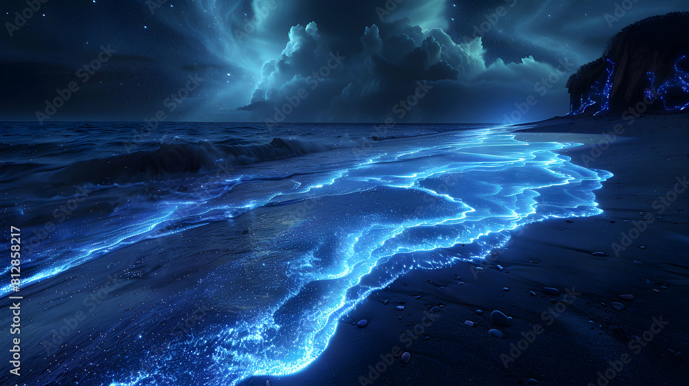 Ebb and Flow: Bioluminescent Sand Patterns   Stunning serenity of glowing beach sands created by tides at night   Photo Realistic Concept