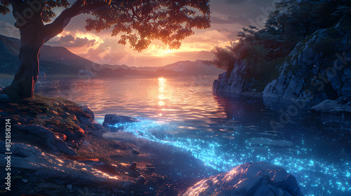 Glowing Bioluminescent Lagoon at Dusk: Tranquil Evening Relaxation Scene