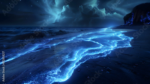 Ebb and Flow: Bioluminescent Sand Patterns Stunning serenity of glowing beach sands created by tides at night Photo Realistic Concept