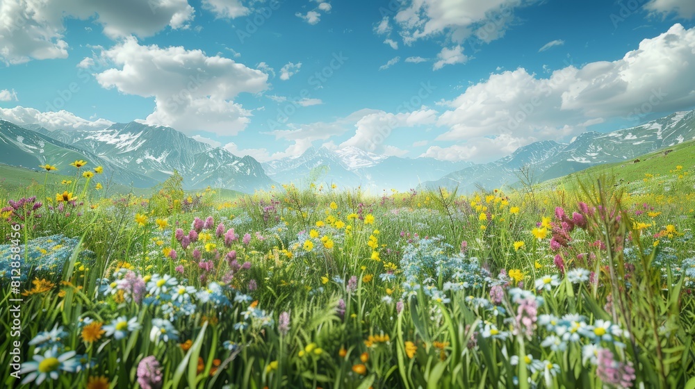 Beautiful spring landscape with colorful wildflowers in a green meadow on a blue day, generative AI hyper realistic 