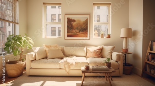 living room with a comfy  oversized sofa in a neutral hue  